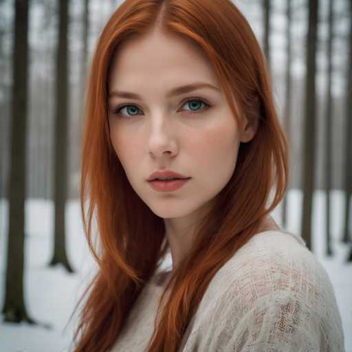 A captivating photograph features a young woman with striking red hair and vivid blue eyes, gazing directly into the camera. She is dressed in a sheer white shirt, which adds an ethereal quality to her appearance. The background is a serene winter landscape, with snow blanketing the ground and tall, slender trees standing in the distance. The woman's lips are slightly parted, revealing a hint of her teeth, and her expression is one of calm introspection. Her face is adorned with a subtle touch of makeup, enhancing her natural beauty. The overall composition of the image exudes a sense of tranquility and natural elegance.