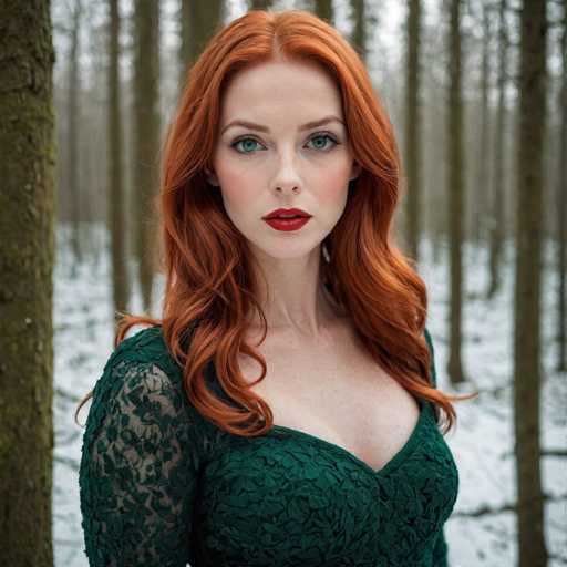 A woman with red hair is standing in a snowy forest surrounded by tall trees and snow-covered ground. She is wearing a green lace dress that contrasts with the white snow around her. The woman's face is lit up with a smile as she looks directly at the camera.