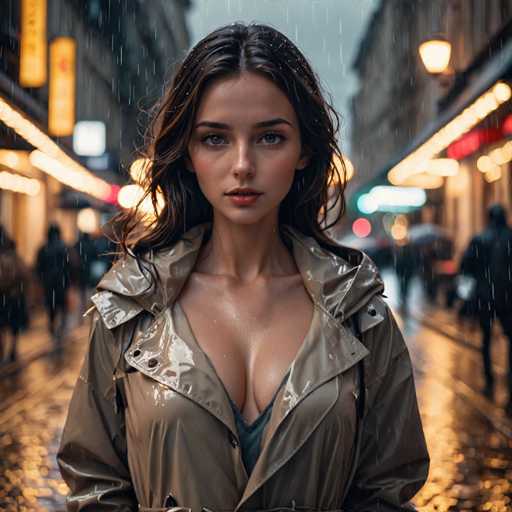 A captivating photograph captures a young woman standing in the midst of a bustling city street on a rainy night. The scene is illuminated by the warm glow of streetlights and the neon signs that adorn the storefronts lining both sides of the cobblestone road. The woman, with her long, dark brown hair cascading around her shoulders, gazes directly into the camera with a serious expression. Her striking blue eyes and full lips, accentuated by red lipstick, draw immediate attention. She is dressed in a low-cut, grayish-blue shirt that reveals a hint of cleavage, and over it, she wears a light brown, almost grayish raincoat that is open at the front. The raincoat is speckled with water droplets, as is her hair and the top of her chest, emphasizing the wet conditions. The background is slightly blurred, highlighting the woman as the focal point of the image, while the silhouettes of other pedestrians and the glowing lights add depth and atmosphere to the scene.
