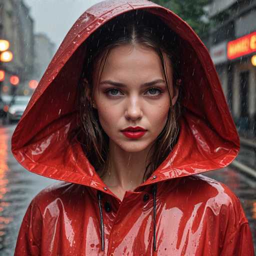 A captivating photograph features a young woman, likely in her early 20s, standing in the midst of a bustling city street during a rainstorm. She is the focal point of the image, with her striking blue eyes and vibrant red lipstick drawing immediate attention. Her long brown hair, partially concealed by the hood of her bright red raincoat, frames her face. The raincoat, which appears to be made of a waterproof material, is adorned with black drawstrings and is visibly wet from the falling rain. The background, though blurred, reveals a cityscape with buildings on either side of the street, a parked car, and illuminated streetlights that add a warm glow to the scene. The overall composition captures the essence of urban life on a rainy night, with the woman's vivid presence standing out against the muted, wet surroundings.