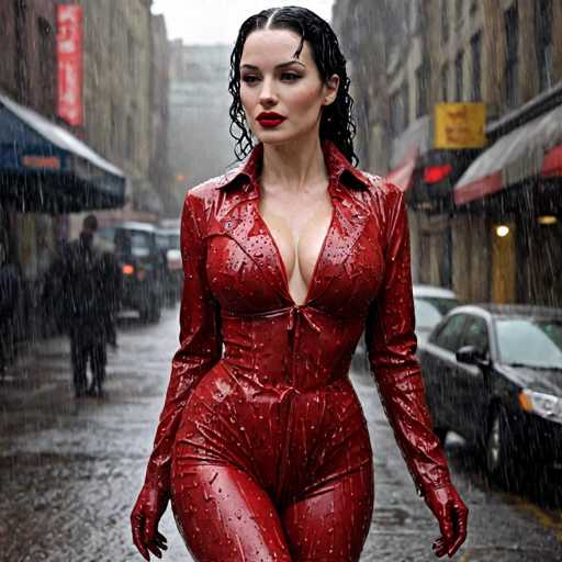 In this captivating image, a woman stands confidently in the middle of a rain-soaked street, her presence commanding attention amidst the urban backdrop. She is dressed in a striking red leather catsuit, complete with long sleeves and a deep V-neckline that plunges down to her belly button, accentuating her curvaceous figure. The catsuit features a tie detail at the waist, adding a touch of sophistication to her ensemble. Her wet, dark hair cascades down her back, with a few strands falling over her forehead, enhancing her dramatic look. Her lips are painted a vivid red, matching her attire, and her eyes are cast downward, giving her a contemplative expression.

The street around her is lined with parked cars on both sides, their windshields and surfaces glistening with raindrops. The wet pavement reflects the overcast sky, creating a moody atmosphere. In the background, a man dressed in a black coat and pants walks along the sidewalk, adding to the scene's dynamic feel. The buildings flanking the street are adorned with various signs, including a prominent red sign on the left and a yellow sign on the right, though their details are blurred by the rain and distance. The overall composition of the image captures a moment of urban elegance and mystery, centered around the poised figure of the woman in her eye-catching catsuit.
