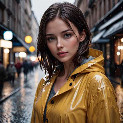 A captivating photograph captures a young woman standing in the middle of a cobblestone street during a light rain. She is wearing a bright yellow raincoat with a hood, which is currently down, revealing a gray shirt underneath. Her shoulder-length brown hair is slightly tousled by the rain, and her face, adorned with pink lipstick, gazes directly at the camera with a neutral expression. The background features blurred, multi-story buildings with storefronts and awnings, and a few indistinct figures walking on the sidewalks. The scene is illuminated by various lights, including a prominent blue light and several yellow lights, adding a warm glow to the rainy atmosphere.
