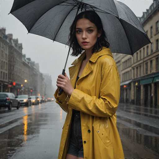 In this evocative photograph, a young woman stands in the midst of a bustling city street, her presence commanding attention. She is dressed in a striking yellow raincoat, paired with very short denim shorts, and a black shirt that peeks out from underneath. The raincoat is buttoned up, with the top button fastened, and the bottom button left undone. Her long, dark hair cascades down to her shoulders, framing her face, which is adorned with a touch of makeup. She holds a black umbrella, its canopy open, sheltering her from the drizzle. The street around her is alive with activity; cars line the road, and streetlights cast a warm glow. The buildings flanking the street are tall and imposing, adding to the urban atmosphere. She stands with her body slightly turned to the left, her gaze directed straight at the camera, exuding a sense of quiet confidence and poise. The overall scene is a harmonious blend of urban life and personal elegance, captured in a single, compelling moment.