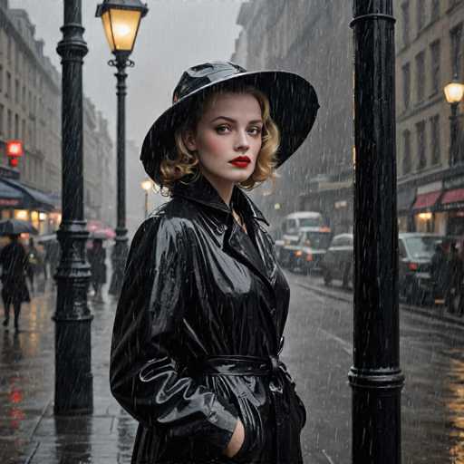 A woman stands on a rain-soaked street corner wearing a black leather jacket and hat with red lipstick. She holds an umbrella over her head as she gazes directly at the camera.