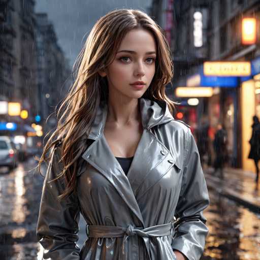 In this AI-generated image, a young woman stands in the middle of a rainy city street, her long brown hair cascading down to her chest. She is wearing a shiny, grayish-silver raincoat that is cinched at the waist with a matching belt. The coat features a large collar and long sleeves, and she has her hands tucked into the pockets. Beneath the coat, she sports a black tank top. Her face, with striking blue eyes and a small nose, is turned slightly to the right, giving her a contemplative expression. The background is blurred, emphasizing her presence, but you can make out a cityscape with tall buildings, streetlights, and a few cars. The wet street reflects the lights, adding to the moody atmosphere of the scene.