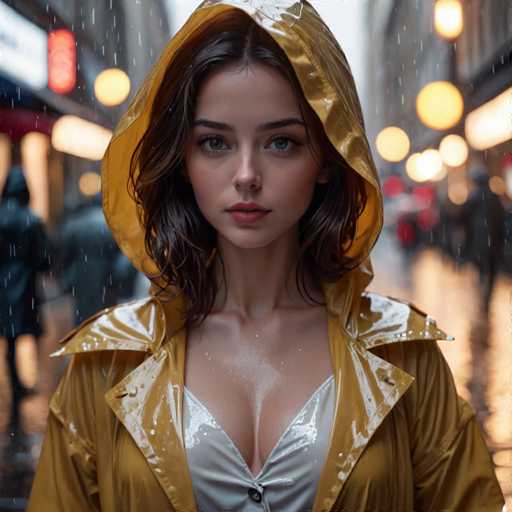 In this captivating image, a young woman stands in the midst of a bustling city street, gazing directly into the camera with a serious expression. She is dressed in a striking yellow raincoat that features a hood, which is pulled up over her head, revealing her long brown hair cascading down to her shoulders. The coat is open at the front, revealing a low-cut, silver top that adds a touch of allure to her ensemble. Her light blue eyes and pink lips stand out against her fair complexion, and her long eyelashes frame her intense gaze.

The background is a blur of city life, with indistinct figures and glowing lights from buildings and street lamps creating a soft, dreamlike atmosphere. The wet pavement glistens, reflecting the lights and adding a shimmering effect to the scene. Despite the lively setting, the woman remains the focal point, her presence commanding attention in this moment of urban tranquility.