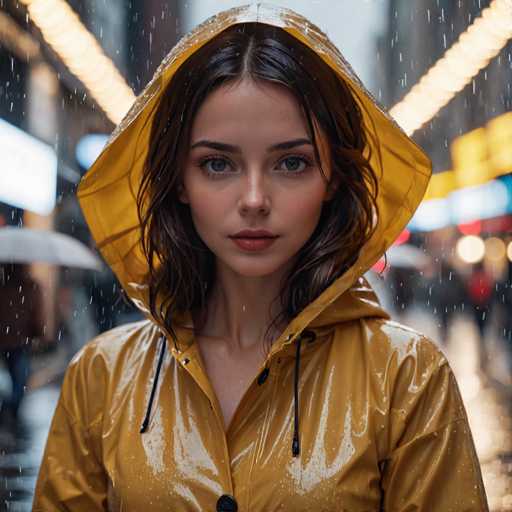 A captivating photograph captures a young woman standing in the midst of a bustling city street on a rainy day. She is dressed in a vibrant yellow raincoat, with the hood pulled up over her head, effectively shielding her from the downpour. Her long brown hair cascades down, slightly damp from the rain. The woman's striking blue eyes gaze directly into the camera, exuding a sense of calm and confidence. Her lips are adorned with a subtle shade of lipstick, adding a touch of color to her serene expression. The background is artistically blurred, drawing attention to her as the focal point of the image. Despite the blur, one can discern the glow of city lights and the presence of other pedestrians, some carrying umbrellas, navigating the wet streets. The overall composition beautifully captures the essence of a moment in the everyday life of a city, with the young woman as its captivating centerpiece.