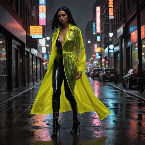 In this captivating nighttime scene, a woman stands confidently in the middle of a rain-soaked city street, her presence commanding attention. She is dressed in a striking ensemble featuring a long, bright yellow translucent raincoat that flows dramatically behind her, tied at the waist with a matching belt. Underneath, she wears a black leather bustier that accentuates her figure, paired with equally sleek black leather pants and high-heeled boots. Her long, dark hair cascades down her back, framing her face as she gazes directly at the camera with a composed expression. The street around her is lined with parked cars and illuminated by numerous neon signs and streetlights, casting a mix of reds, yellows, and blues that reflect off the wet pavement, creating a vibrant, almost surreal atmosphere. The overall scene is a blend of urban grit and artistic flair, capturing a moment that feels both timeless and contemporary.