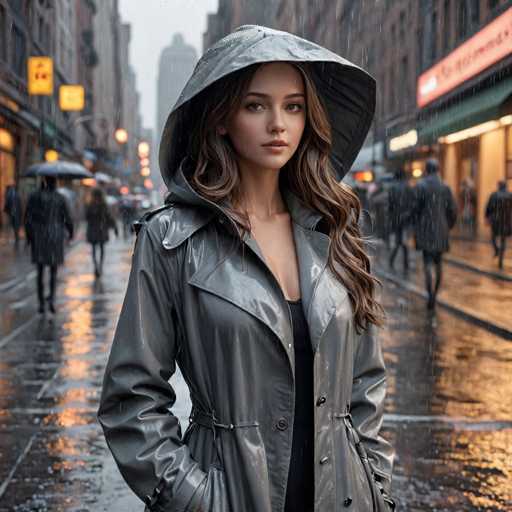 In this AI-generated image, a young woman stands in the middle of a bustling city street during a heavy downpour. She is wearing a shiny, gray raincoat with a hood that is pulled up over her head, revealing her long, wavy brown hair. The coat features a black belt around the waist and buttons down the front, with her hands tucked into the pockets. She has a fair complexion, brown eyes, and pink lips, and she gazes directly at the camera with a neutral expression. The background is blurred, showing tall buildings and a mix of yellow and white lights from various sources, including streetlights and shop signs. People in similar raincoats walk around her, some carrying umbrellas, while the wet street reflects the city lights, adding to the moody atmosphere of the scene.