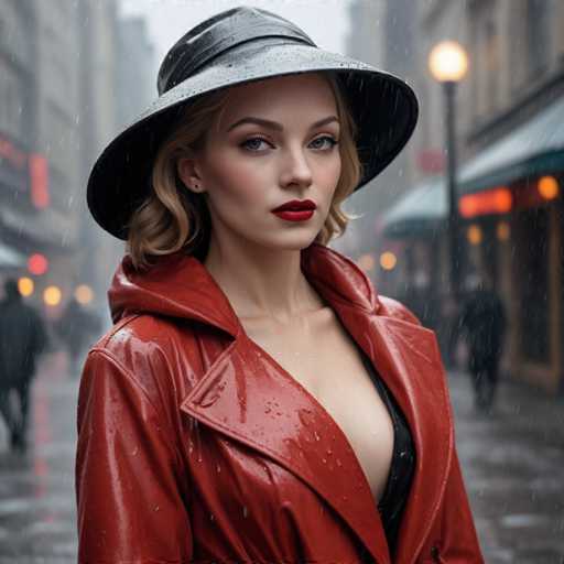 A captivating photograph captures a woman standing in the midst of a bustling city street on a rainy day. She is adorned in a striking red leather trench coat, which glistens with raindrops, and a black camisole underneath. Her ensemble is complemented by a black hat with a wide brim, also speckled with raindrops, and she wears bold red lipstick that stands out against her fair skin. Her blonde hair, styled in soft curls, frames her face, which is highlighted by a touch of blush and brown eyebrows. She gazes directly into the camera with a serious expression, her blue eyes adding to the intensity of her gaze. The background is blurred, drawing focus to her, but you can still make out the wet streets, a street lamp, and indistinct figures of other people going about their day. The overall scene exudes a moody, cinematic atmosphere, reminiscent of a movie still.