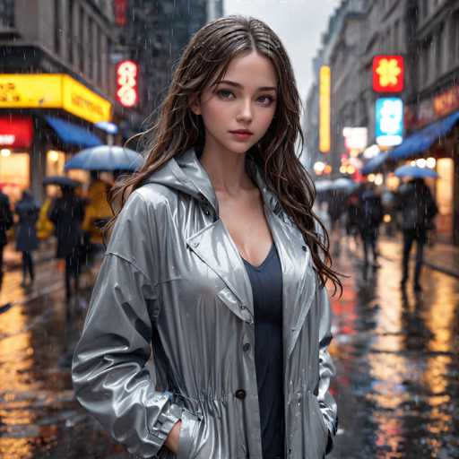 This image portrays a young woman, likely in her late teens or early twenties, standing in the middle of a bustling city street on a rainy day. She has long, dark brown hair that cascades down to her chest, and her striking blue eyes are accentuated by her full lips. She is dressed in a shiny, silver-gray windbreaker with a hood, which is unzipped to reveal a dark blue tank top underneath. Her hands are tucked into the pockets of her jacket, and she gazes directly at the camera with a neutral expression.

The background is slightly blurred, emphasizing the woman as the focal point, but it reveals a lively urban scene. The street is lined with tall buildings adorned with neon signs in various colors, including yellow, red, and blue. Some of these signs feature Asian characters, suggesting an Asian cityscape. People in the background are dressed in dark clothing and carrying umbrellas, indicating the rain. The wet pavement reflects the neon lights, adding a vibrant, dynamic atmosphere to the scene.