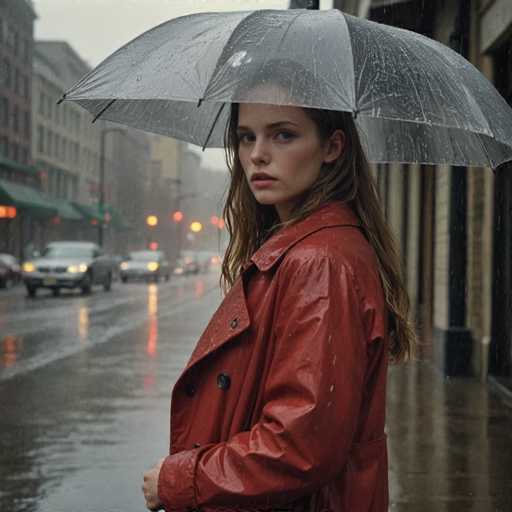 In this evocative photograph, a young woman stands on a bustling city street during a heavy downpour. She is positioned on the sidewalk, facing left, but her head is turned towards the camera, her expression a mix of concern and contemplation. Her long, light brown hair cascades down her back, partially shielded by a large, clear umbrella that is speckled with raindrops. She wears a striking red leather jacket, which is also drenched from the relentless rain, and her right hand is tucked into the jacket's pocket.

The background reveals a typical urban scene: a multi-lane road with cars moving in both directions, their headlights and taillights creating a blur of light through the rain. The street is lined with buildings, some adorned with green awnings, and traffic lights hang overhead, casting a red glow in the gloomy weather. The overall atmosphere is one of solitude amidst the chaos of city life, with the woman's umbrella serving as a focal point of protection and reflection in the midst of the downpour.