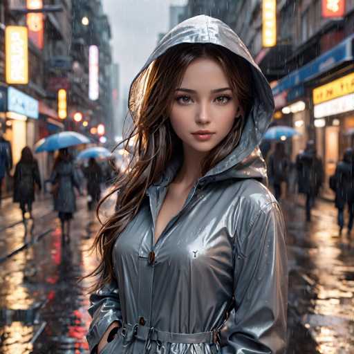 In this AI-generated image, a young woman stands prominently in the center of a bustling city street during a rainy night. She is wearing a shiny, silver-gray raincoat with a hood that is pulled up over her head, revealing her long, dark brown hair cascading down to her chest. Her striking blue eyes and full lips are accentuated by her fair complexion. The raincoat features a belt around the waist, and she has her hands tucked into the pockets. The background is blurred, emphasizing her presence, but you can still make out the wet, reflective street and several people walking with blue umbrellas. The scene is illuminated by various neon signs and lights from the surrounding buildings, adding a vibrant, urban atmosphere to the rainy night.