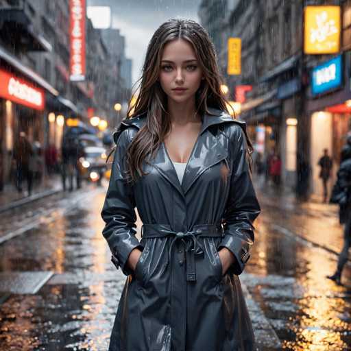 In this captivating image, a young woman stands confidently in the middle of a bustling city street, her presence commanding attention. She is dressed in a sleek, black leather trench coat that features a distinctive belt tied around her waist, adding a touch of sophistication to her ensemble. The coat's design includes a V-neckline that reveals a glimpse of a white shirt underneath, creating a striking contrast. Her long, dark brown hair cascades down, framing her face and adding to her elegant appearance. The woman's piercing blue eyes gaze directly into the camera, exuding a sense of strength and poise.

The backdrop of the image is a vibrant cityscape, illuminated by numerous lights that reflect off the wet pavement, suggesting a recent rainfall. The street is lined with various shops, their signs glowing in an array of colors—yellow, blue, and red—adding to the dynamic urban atmosphere. The buildings on either side of the street are tall and gray, contributing to the city's modern aesthetic. Pedestrians can be seen walking along the sidewalks, going about their day, while cars with headlights on navigate the glistening streets. The overall scene is a harmonious blend of urban life and the striking beauty of the woman at its center.