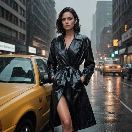 In this captivating image, a woman stands confidently in the middle of a bustling city street, likely in New York City, during a heavy downpour. She is dressed in a striking black leather trench coat that features a belt tied around her waist, accentuating her figure. The coat is open at the front, revealing a high slit that extends up to her upper thigh, adding a touch of allure to her ensemble. Her dark hair is slicked back, and she gazes directly at the camera with a composed expression. The street around her is alive with activity; yellow taxis and other vehicles are parked along the sides, while the wet pavement reflects the glow of numerous streetlights and neon signs. The backdrop is a mix of towering buildings, some with illuminated signs, contributing to the urban ambiance. The scene is further enhanced by the presence of rain, with water droplets visible on her coat and the ground, creating a dynamic and atmospheric setting.