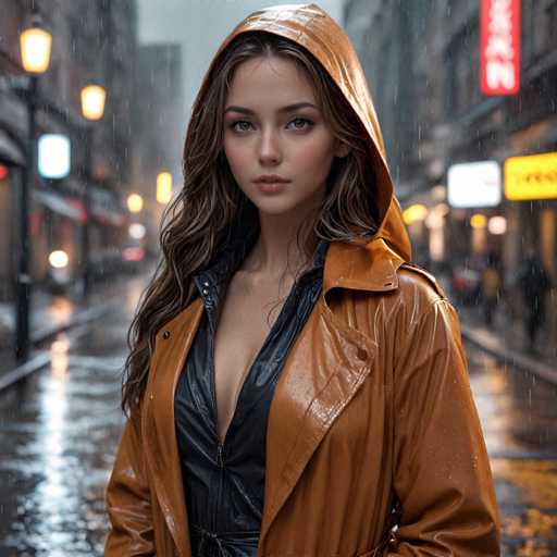 In this AI-generated image, a young woman stands in the middle of a rain-soaked city street, her expression blank and lifeless. She has long brown hair cascading down to her chest, partially hidden under a brown leather jacket with a hood. The jacket is unzipped, revealing a black leather bra underneath, adding to the overall provocative appearance. Her face, with brown eyes and pink lips, appears almost doll-like, contributing to the eerie atmosphere. The background is blurred, emphasizing her presence, but you can make out tall buildings, streetlights, and various signs, including a red and a yellow one, hinting at an urban setting. The wet pavement reflects the lights, enhancing the sense of a rainy night. Despite the detailed surroundings, the woman's vacant stare and artificial features underscore the image's unsettling, surreal quality.
