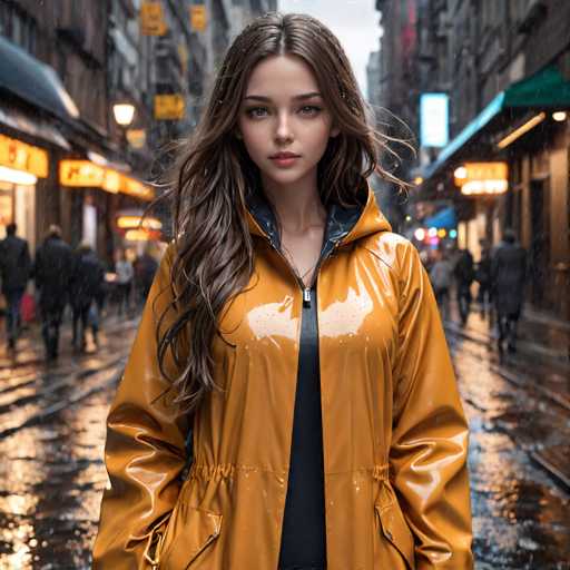 A young woman with long brown hair is standing on a wet city street at night, wearing an orange raincoat and black pants. The street is slick from recent rainfall, reflecting the lights of nearby buildings in a myriad of colors.