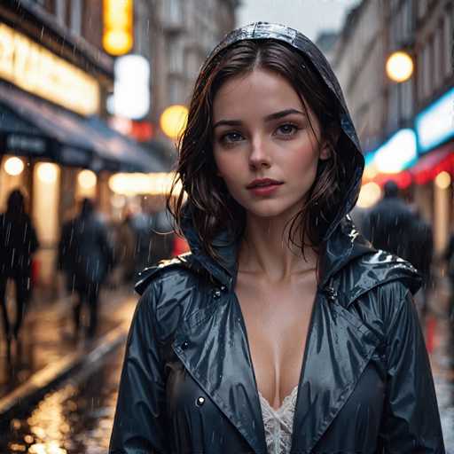 A captivating photograph captures a young woman standing in the midst of a bustling city street on a rainy night. She is dressed in a sleek black raincoat, with the hood pulled up over her head, revealing her long brown hair that cascades down to her shoulders. Beneath the raincoat, she wears a white lace top, adding a touch of elegance to her ensemble. Her striking features include brown eyes, brown eyebrows, and pink lips, which are slightly parted as she gazes directly into the camera. The background is a blur of activity, with people walking by and buildings adorned with neon signs and awnings, their lights twinkling in the rain. The wet street beneath her reflects the glow of the city, enhancing the moody and atmospheric setting of the scene.
