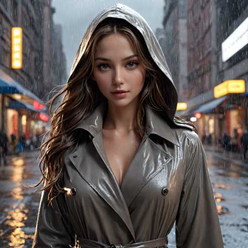 A young woman stands in the middle of a bustling city street, gazing directly at the camera. She is wearing a gray raincoat with a hood that is pulled up over her head, revealing her long brown hair. The coat features a belt tied around her waist, accentuating her figure. Her expression is neutral, with her mouth slightly open, and she has brown eyes and pink lips. The background is slightly blurred, showcasing tall buildings on either side of the street, adorned with neon signs and awnings. The street is wet, reflecting the rain that falls around her, and people can be seen walking on the sidewalks. The overall scene captures a moment of urban life on a rainy day.