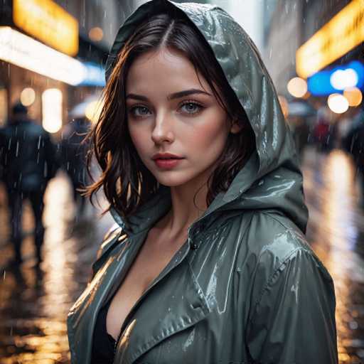 A captivating image features a young woman standing in the rain, her expression serene and contemplative. She has striking blue eyes and dark brown hair that falls just below her chin. Her lips are painted a bold red, adding a pop of color to her otherwise muted palette. She is dressed in a green raincoat, which is visibly wet from the falling rain. The coat has a hood that rests on the back of her head, and the front is unbuttoned, revealing a black top underneath. The background is blurred, drawing focus to her, but you can still make out the rain falling and the wet ground. There are indistinct figures of people walking behind her, and the scene is illuminated by various lights, including a prominent yellow light in the top left corner and a blue light in the top right corner. The overall atmosphere is moody and atmospheric, capturing a moment of quiet beauty amidst the urban hustle.