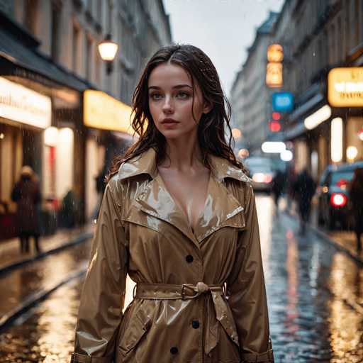 In this captivating image, a young woman stands in the middle of a rain-soaked street, her presence commanding attention amidst the blurred, atmospheric backdrop. She is dressed in a light brown, almost tan, raincoat that appears to be made of leather or vinyl, with a belt tied around her waist. The coat is open at the top, revealing a hint of cleavage and a glimpse of her breasts. Her long, dark brown hair is wet, cascading down to her shoulders, and her face, framed by thick eyebrows, is turned slightly to the left, gazing off into the distance with a serious expression. The street around her is lined with buildings on both sides, their windows and signs glowing with yellow light, creating a warm contrast to the gray, rainy sky above. The wet pavement reflects the lights, adding a shimmering effect to the scene. In the background, a few cars are visible, their taillights glowing red, and a couple of pedestrians can be seen on the sidewalks, adding to the urban, rainy ambiance. The overall composition of the image, with its blurred background and focused foreground, emphasizes the woman's solitary figure and the moody, atmospheric setting.