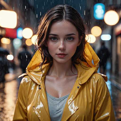 A young woman stands in the rain, her expression a mix of curiosity and concern. She wears a yellow raincoat that is slightly open, revealing a gray tank top underneath. Her long brown hair, parted in the middle, is damp and falls around her face. Her blue eyes are wide open, and her lips are painted a soft pink. The background is blurred, with indistinct figures and glowing lights from buildings, creating a moody urban atmosphere. The rain is visibly falling, adding to the scene's dramatic and contemplative mood.