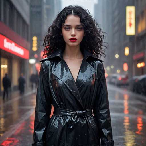 In this captivating image, a young woman stands confidently in the middle of a bustling city street, exuding a striking presence. She is dressed in a sleek, black leather trench coat that features a distinctive bow-tied belt cinched at her waist, accentuating her slender figure. The coat's collar is fashionably popped, framing her face and adding an air of sophistication. Her long, curly black hair cascades down, complementing her bold red lipstick and expressive brown eyes. Her gaze is directed straight at the camera, capturing a moment of intense focus and poise.

The backdrop reveals a rainy day, with the street glistening from the recent downpour. The wet pavement reflects the vibrant lights from the surrounding buildings and storefronts, creating a mesmerizing interplay of colors. On the left side of the image, a red awning with white lettering adds a splash of color, while on the right, a vertical sign with red Chinese characters hints at the cultural diversity of the area. The street is lined with parked cars, and a few pedestrians can be seen in the background, adding to the urban atmosphere. The overall scene is a harmonious blend of modern city life, captured in a moment of serene beauty.