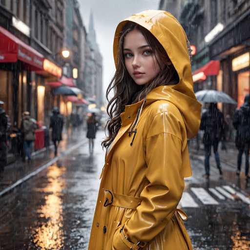 In this AI-generated image, a young woman stands in the middle of a rain-soaked city street, her gaze directed towards the camera. She is dressed in a bright yellow raincoat that appears to be made of a plastic-like material, complete with a hood that is pulled back to reveal her long, wavy brown hair. The coat features a black zipper running down the front and a belt around the waist, with her hands tucked into the pockets. Her expression is neutral, with slightly parted lips and a hint of blush on her cheeks.

The background is blurred, emphasizing the woman as the focal point, but it still reveals a bustling urban scene. The street is flanked by tall buildings with red awnings and illuminated signs, suggesting a mix of shops and restaurants. People in dark coats walk along the sidewalks, some carrying umbrellas, while others are under the awnings. The wet pavement reflects the lights from the buildings, adding a shimmering effect to the scene. A streetlight is visible in the upper left corner, and a church spire can be seen in the distance, adding to the city's architectural charm. The overall atmosphere is one of a lively, rainy day in a vibrant urban setting.