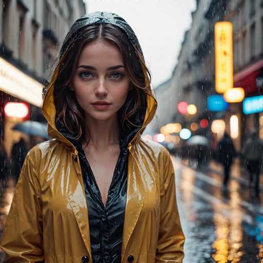 A captivating photograph captures a young woman standing in the midst of a bustling city street on a rainy day. She is positioned directly in the center of the frame, drawing immediate attention with her striking blue eyes and long brown hair. Her attire consists of a yellow raincoat, which is open at the front, revealing a black shirt underneath. The coat's hood is pulled up over her head, adding to the sense of a drizzly atmosphere. Raindrops are visible on the hood and the coat, emphasizing the wet conditions. The background is blurred, creating a bokeh effect that highlights the woman's presence. Despite the blur, one can discern the outlines of buildings and the glow of various lights, including a prominent yellow light on the right side of the image. The overall scene is a harmonious blend of urban life and the serene beauty of a solitary figure amidst the rain.