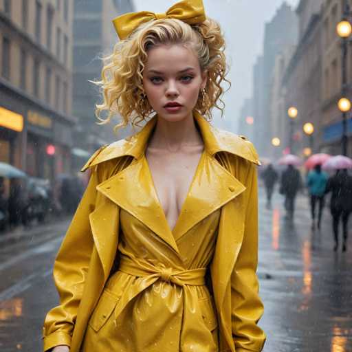 In this captivating image, a young woman stands confidently in the middle of a bustling city street during a rainstorm. She is dressed in a striking yellow leather trench coat that is open at the front, revealing a matching yellow leather dress underneath. The dress features a low neckline and a waist tie, accentuating her figure. Her blonde hair is styled in soft curls, with a bow adorning the top of her head. She gazes directly at the camera with a serious expression, her lips painted a vivid red.

The background is filled with tall buildings and streetlights, creating an urban atmosphere. People on the sidewalks are dressed in dark clothing and carrying umbrellas, adding to the rainy day ambiance. The wet streets reflect the city lights, enhancing the moody and atmospheric feel of the scene. The overall composition highlights the woman's striking presence amidst the urban setting, making her the focal point of this visually engaging photograph.