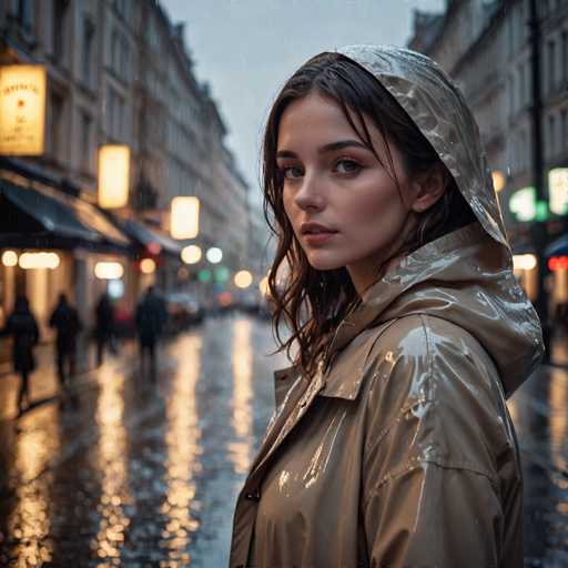 In this captivating photograph, a young woman stands in the middle of a rain-soaked street, her presence commanding attention amidst the blurred, atmospheric backdrop. She is dressed in a light brown, almost tan, raincoat that appears to be made of a plastic-like material, glistening with water droplets. The coat features a hood that is pulled up over her head, revealing her long, dark brown hair that cascades down to her shoulders. Her face, adorned with makeup, is turned towards the camera, her expression a mix of curiosity and contemplation as she gazes directly at the viewer. The street around her is lined with tall, four-story buildings on either side, their facades illuminated by the soft glow of numerous lights, creating a warm contrast to the cool rain. The wet pavement reflects the lights, adding a shimmering effect to the scene. In the background, the silhouettes of pedestrians and parked cars can be seen, though they remain out of focus, enhancing the sense of depth and drawing attention to the central figure. The overall composition, with its rich details and moody ambiance, evokes a sense of urban solitude and quiet introspection.