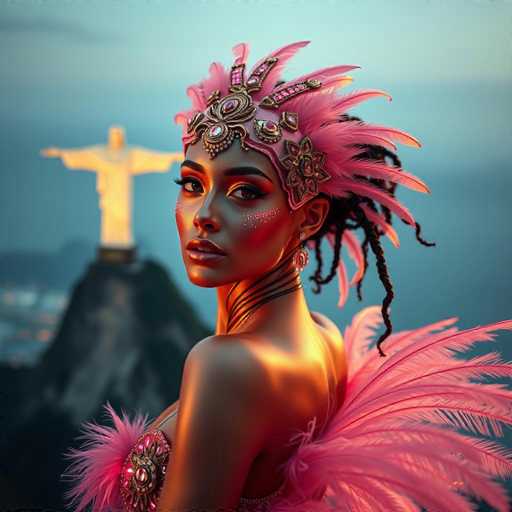 In this captivating image, a woman stands in the foreground, adorned in an elaborate and striking outfit. She wears a pink feathered headdress embellished with intricate gold designs and pink jewels, complementing her long black dreadlocks. Her face is accentuated with heavy makeup, including pink blush and lipstick, and she gazes directly at the camera with a serious expression. Her attire features a pink feathered top with a low-cut back, revealing her shoulders and back, and she accessorizes with black strings around her neck and pink dangly earrings.

The background, slightly blurred, reveals a large statue reminiscent of the Christ the Redeemer statue in Rio de Janeiro, perched atop a hill. The statue is illuminated, casting a warm glow against the darkening sky, suggesting that the photo was taken during twilight. The overall scene is a blend of vibrant colors—pink, gold, and blue—creating a visually stunning and detailed portrayal of the woman against the iconic backdrop.