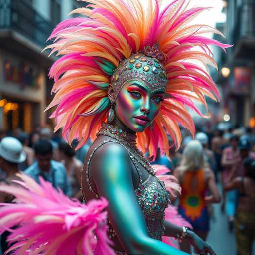 A woman is standing on a street wearing a vibrant and colorful costume that includes feathers and jewels. She has her hair styled into an elaborate feathered headdress and is holding a parasol in one hand while the other hand is placed on her hip. The background shows people walking by, suggesting this could be a busy city street or public event area.