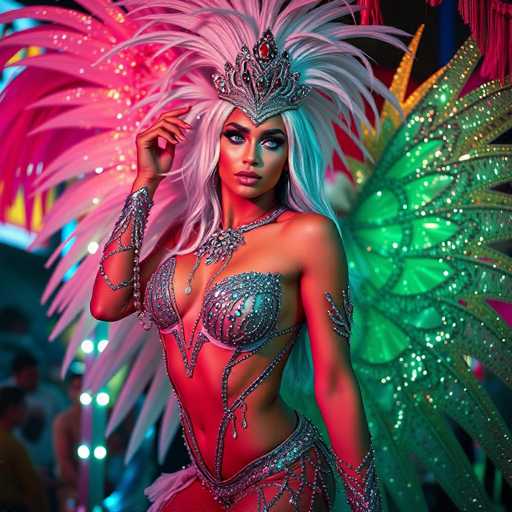 This image features a strikingly beautiful woman, possibly of mixed African-American and Hispanic descent, adorned in an elaborate costume reminiscent of a showgirl or cabaret dancer. She has long, flowing white hair and is wearing a silver crown studded with red jewels. Her makeup is bold, with dark blue eyeshadow and pink lips. She is dressed in a shimmering silver bikini top and matching bottoms, intricately decorated with jewels and beads. 

Her arms are adorned with silver bracelets and chains, and she wears a large, ornate necklace that extends down to her waist. Behind her, a magnificent feathered headdress in shades of pink, green, and yellow adds to her regal appearance. The background is dark, with indistinct figures that suggest a lively setting, possibly a nightclub or a festive event. The overall scene is vibrant and colorful, with the woman's attire and the ornate backdrop creating a captivating visual spectacle.