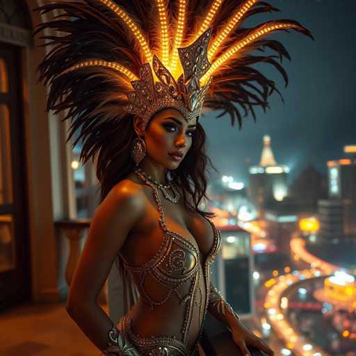 A woman is standing on a balcony at night, wearing a large feathered headdress and a gold-colored dress with intricate beading. The city lights below her create a stunning backdrop for the scene.