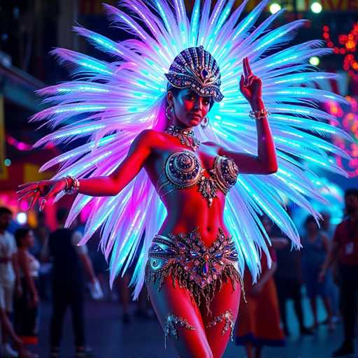 In this vibrant and captivating image, a woman is dressed in an elaborate costume reminiscent of a belly dancer. She stands confidently, her left arm raised with her index finger pointing upwards, while her right arm extends to the left. Her attire is a striking combination of gold and silver, featuring a bra-like top and a matching skirt. The costume is adorned with intricate details, including a large, ornate belt around her waist and additional embellishments on her thighs. Her skin appears to have a reddish hue, possibly due to the lighting, and she wears multiple bracelets on both wrists. 

Her head is crowned with a grand, ornate hat that resembles a regal headdress, adding to the dramatic flair of her ensemble. Surrounding her head are numerous feathers that glow with a mesmerizing blue and purple light, creating a halo-like effect. The background is filled with people, suggesting a lively atmosphere, possibly a parade or a festive event. The overall scene is a blend of cultural richness and visual spectacle, capturing the essence of a belly dance performance.