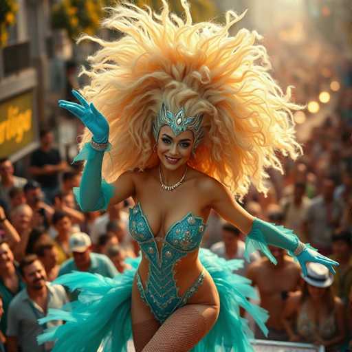 A vibrant photograph captures a lively parade scene, with a striking woman at the forefront. She is adorned in an elaborate costume featuring a blue and gold ensemble. Her attire includes a blue bra with intricate gold embellishments, a matching blue vest, and a blue skirt. She accessorizes with blue gloves, a silver bracelet, and a silver necklace. Her hair is styled in an eye-catching, voluminous blonde wig that resembles a lion's mane. A blue and gold headpiece sits atop her head, complementing her overall look. She is smiling warmly at the camera, exuding joy and energy. Behind her, a crowd of people can be seen, some smiling and others looking away, adding to the festive atmosphere of the parade.