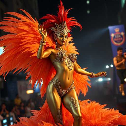 A woman is standing on a stage wearing an elaborate gold and orange costume with large feathers that flow behind her as she moves. The background shows a city street at night with buildings illuminated by lights.