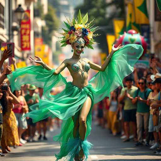 A woman is dancing on a street wearing a green dress with a large headdress and feather boa. She has her arms outstretched as she moves through the crowd of people who have gathered to watch her performance. The background features colorful flags and banners fluttering in the breeze, adding to the festive atmosphere.