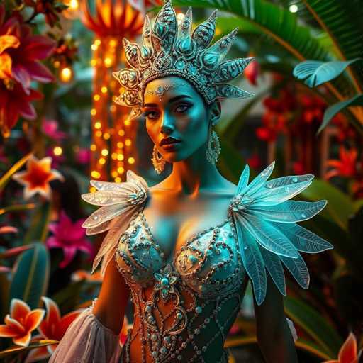 This image depicts a highly detailed, computer-generated or AI-generated character that appears to be from a video game or animated movie. The character is a woman with a striking appearance, featuring a bluish-green skin tone and dark, possibly black hair. She is adorned with an elaborate crown that resembles a sunburst, with spikes and jewels, and a forehead piece that extends down to her nose. Her eyes are dark, and she wears large, dangling earrings. 

Her attire is equally elaborate, consisting of a corset-like top with leaf-shaped straps over her shoulders, and a skirt that is cut off at the waist, revealing her midriff. The outfit is decorated with intricate beading and jewels, and she has white, flowing sleeves on her arms. 

The background is a lush, tropical setting filled with various plants, including large palm leaves and vibrant flowers in shades of orange, red, and pink. The scene is illuminated by numerous lights, adding to the magical and enchanting atmosphere.