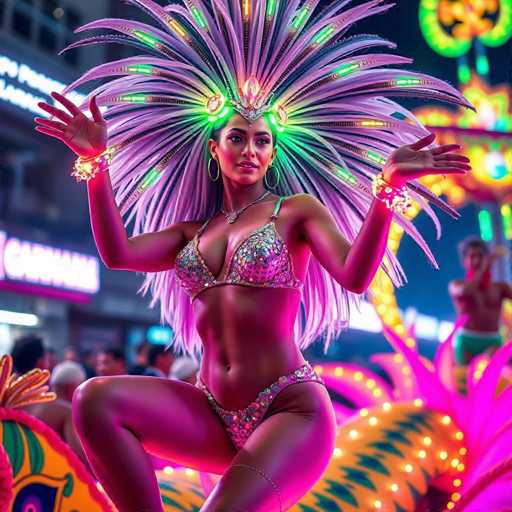 In this vibrant and captivating image, a woman is dressed in an elaborate costume reminiscent of a showgirl or carnival performer. She is adorned in a shimmering, sequined bikini that accentuates her figure, paired with a striking headdress that resembles a peacock's tail. The headdress is a dazzling array of purple feathers interspersed with green and yellow lights, creating a mesmerizing effect. Her accessories include large hoop earrings, a necklace, and bracelets on both wrists, adding to her flamboyant appearance.

The woman is captured in a dynamic pose, squatting with her hands raised and fingers splayed, as if she is dancing or posing for a performance. Her long, flowing hair cascades down her back, complementing the overall spectacle of her outfit. The background is a blur of lights and colors, suggesting a lively carnival or parade setting. There are indistinct figures, including a shirtless man in green shorts, and various neon signs and buildings, enhancing the festive atmosphere. The scene is filled with a mix of colors—pink, purple, green, yellow, orange, and blue—adding to the visual feast. The woman's face is illuminated by the lights, highlighting her dark hair and adding a dramatic flair to her performance.