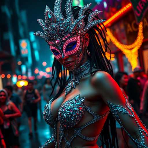 In this captivating image, a woman stands at the center of a bustling city street, adorned in an elaborate costume that exudes a sense of opulence and mystery. She wears a striking mask that covers her eyes and nose, featuring a design reminiscent of a cat's face with pink accents around the eye area. The mask is further embellished with intricate patterns of diamonds and jewels, adding to its grandeur. Her long, black dreadlocks cascade down her back, contrasting with her fair skin.

Her attire is equally elaborate, with a silver choker necklace that has a leaf-like pendant hanging from it. Her chest is covered by a silver bra-like garment, also adorned with diamonds and jewels, leaving her midriff exposed. The costume extends to her arms, where silver bracelets and diamond-like embellishments cover her forearms, adding to the overall luxurious appearance.

The background is a blur of city life, with people walking by and buildings illuminated by various lights, creating a vibrant, dynamic atmosphere. The image is rich in colors, including shades of pink, blue, purple, yellow, orange, red, black, white, and gray, which all contribute to the vivid and lively scene. The woman's costume and the surrounding environment suggest a festive or celebratory event, making her the undeniable focal point of this visually stunning photograph.