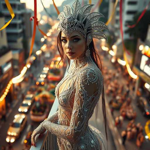 In this captivating image, a woman stands elegantly on a balcony, exuding an aura of regality and sophistication. She is adorned in a stunning white dress that features intricate swirls and floral patterns, with sheer sections that reveal her skin, adding a touch of allure to her ensemble. Her long, dark brown hair cascades down her back, complementing her elaborate headdress. The headdress is a masterpiece of design, adorned with silver leaves that fan out dramatically from the front, resembling a majestic peacock's tail. 

Her makeup is meticulously applied, with bold black eyeliner and dark lipstick that accentuates her striking features. She gazes directly at the camera, her expression serene and captivating. The balcony she stands on is white, providing a stark contrast to her attire and drawing attention to her presence.

Below, the street is alive with activity. A parade unfolds, featuring vibrant floats and cars decorated with flowers, adding a festive atmosphere to the scene. The street is lined with tall buildings on both sides, their facades illuminated by numerous lights, enhancing the celebratory ambiance. The overall composition of the image is a harmonious blend of elegance, festivity, and urban beauty.