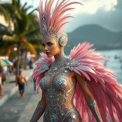 The image depicts a strikingly detailed, computer-generated scene of a woman standing on a beach. She is adorned in an elaborate, metallic outfit that combines elements of armor and a dress, predominantly silver with intricate designs. Her attire features a breastplate, a metallic skirt, and arm guards, all connected by a central chain. Pink feathers extend from her shoulders, forming a cape-like structure, and additional pink feathers adorn her head, resembling a mohawk. The woman's face is heavily made up, with dark red lipstick and dark eyebrows, and she gazes off to the left.

In the background, the beach setting is blurred but discernible. There are palm trees, a body of water, and a mountain in the distance. The sky is filled with clouds, and the scene includes people walking along the beach, some wearing swimsuits and others in regular clothing. Umbrellas are visible, adding to the beach atmosphere. The overall composition suggests a warm, tropical location, possibly reminiscent of Hawaii.