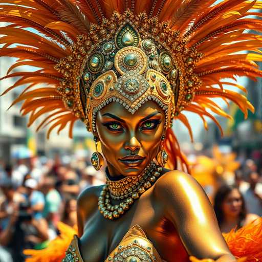 This image features a strikingly beautiful woman adorned in an elaborate costume. Her skin is painted a radiant gold, giving her an almost ethereal appearance. She wears a grand headdress that resembles a crown, embellished with intricate gold designs and adorned with large, circular jewels. The headdress is further enhanced by a fan of vibrant orange feathers that extend outward dramatically.

Her face is accentuated with bold, black eyebrows and long, dramatic eyelashes. Her eyes are a mesmerizing green, and her lips are painted a deep, dark red. She accessorizes with large, dangling earrings that complement her regal appearance.

Around her neck, she wears a thick, ornate necklace that appears to be made of gold and possibly diamonds, adding to her opulent look. Her attire includes a gold bra-like top, also decorated with jewels, though the image cuts off at her chest, leaving the full extent of her costume to the imagination.

In the background, there is a blurred crowd of people, suggesting that she is the focal point of attention, perhaps at a festive event or parade. The overall scene captures a sense of grandeur and celebration, with the woman as the centerpiece of this captivating image.
