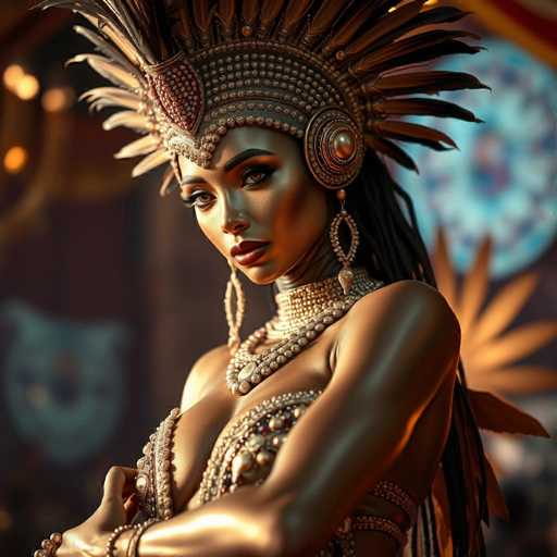 The image depicts a strikingly beautiful woman with dark skin, adorned in elaborate, ancient-inspired jewelry. She wears a grand headdress that combines feathers and beads, with a prominent red jewel at the front. Her long, dark hair cascades down her back, and she sports large, dangling earrings that resemble pearls. Around her neck, she wears a thick, ornate necklace made of beads, and her chest is partially covered by a bejeweled top. Her arms are crossed in front of her, showcasing bracelets on her wrists. The background is blurred, featuring a circular window with a blue and red design and a plant-like object to the right. The overall scene exudes a sense of regality and ancient splendor.