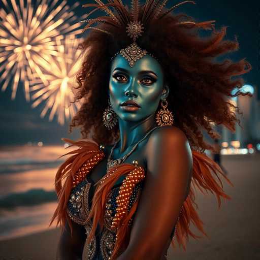 A captivating image features a woman with striking blue skin, adorned with intricate makeup and jewelry. Her face is highlighted with blue eyeshadow and brown lipstick, complementing her dark, curly hair. She wears a headpiece with a jewel at the center, and her ears are decorated with large, ornate earrings. Her attire includes a dress embellished with feathers and beads, adding to her regal appearance. The background showcases a beach scene with fireworks lighting up the night sky, and a cityscape with illuminated buildings can be seen in the distance. The woman gazes thoughtfully to the left, creating a sense of mystery and allure.