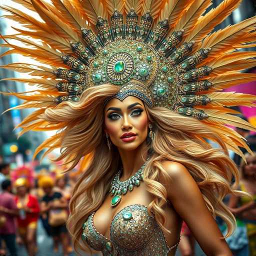 A stunning photograph captures a woman adorned in an elaborate, ornate headdress that exudes regal elegance. The headdress features a circular centerpiece embellished with intricate designs and a prominent green jewel at its core. Surrounding this central jewel are smaller green jewels, adding to the headdress's opulence. Extending from the circular centerpiece are numerous feathers, fanning outwards in a majestic display. The woman's long, flowing blonde hair cascades down, framing her face beautifully. She is dressed in a shimmering gold top, which complements the grandeur of her headdress. Around her neck, she wears a matching gold necklace adorned with green jewels, echoing the colors of her headdress. Her makeup is meticulously applied, with striking red lipstick and defined black eyebrows that enhance her captivating gaze. The background is slightly blurred, revealing a bustling crowd of people, suggesting that she is part of a parade or a public event. The overall scene is vibrant and lively, with the woman's attire and headdress being the focal points of attention.