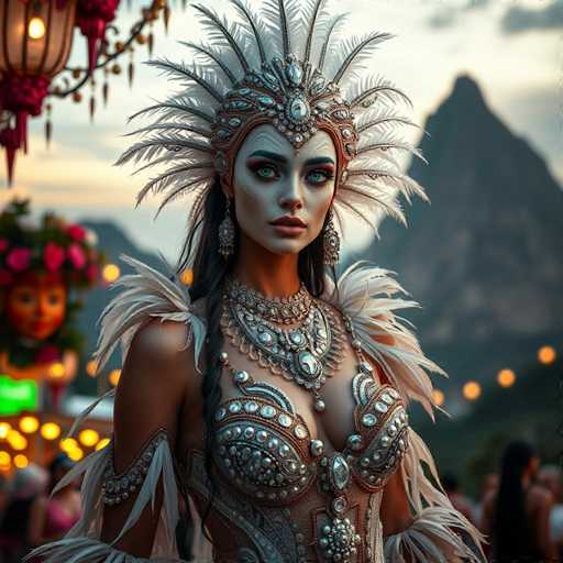 This image depicts a strikingly detailed, computer-generated or AI-generated artwork of a woman adorned in elaborate, ancient-inspired attire. The woman, who has a light complexion, is wearing a grand headdress that resembles a crown, embellished with feathers and jewels. Her eyes are a vivid green, and she has long, dark hair cascading down her shoulders. She is dressed in a form-fitting, ornate gown that features intricate silver and white beading, with feathers accentuating her shoulders and arms. The dress is low-cut, revealing a significant portion of her chest. Around her neck, she wears a large, ornate necklace that complements her overall regal appearance. The background is blurred, but it hints at a festive setting with people, lights, and a mountainous landscape, adding to the image's mystical and ancient ambiance.