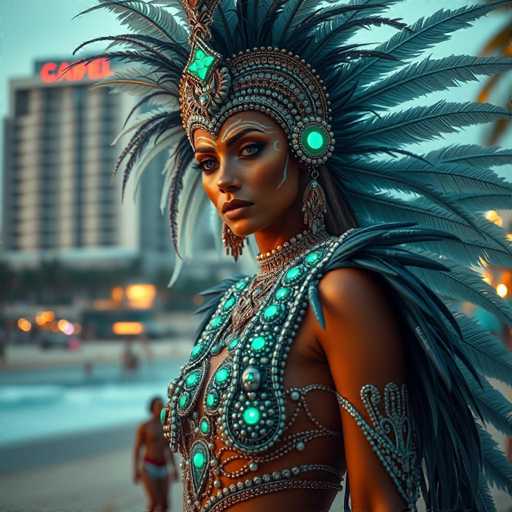 The image depicts a strikingly detailed scene of a woman adorned in elaborate, ancient-inspired attire. She wears a grand headdress that resembles a crown, intricately designed with feathers and embellished with turquoise jewels. The headdress features a prominent turquoise jewel at the front and another on the side, with feathers extending from the back. Her face is painted with white lines, adding to the mystical aura of her appearance.

Her outfit is equally elaborate, composed of a breastplate and a skirt-like garment, both adorned with turquoise jewels and beads. She also wears a necklace that matches the ornate style of her attire. The woman's skin is a rich brown, and she gazes directly at the viewer with a serious expression.

In the background, a beach scene unfolds with a pool and a few people, including a shirtless man in swim trunks. Beyond the pool, a tall building with a red sign is visible, though the text on the sign is indiscernible. The overall composition blends elements of ancient mystique with a modern setting, creating a captivating and enigmatic image.